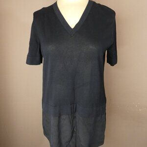 COS Women's XS Black Faux Layered Top Cotton Silk Contrast Short Sleeve V-Neck